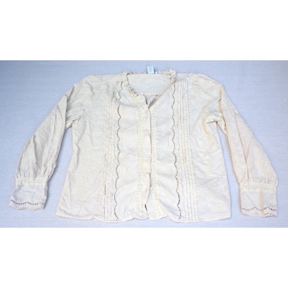 Calypso St. Barth Womens L Ivory Embroidered Blouse Eyelet Lace Ruffle Collar